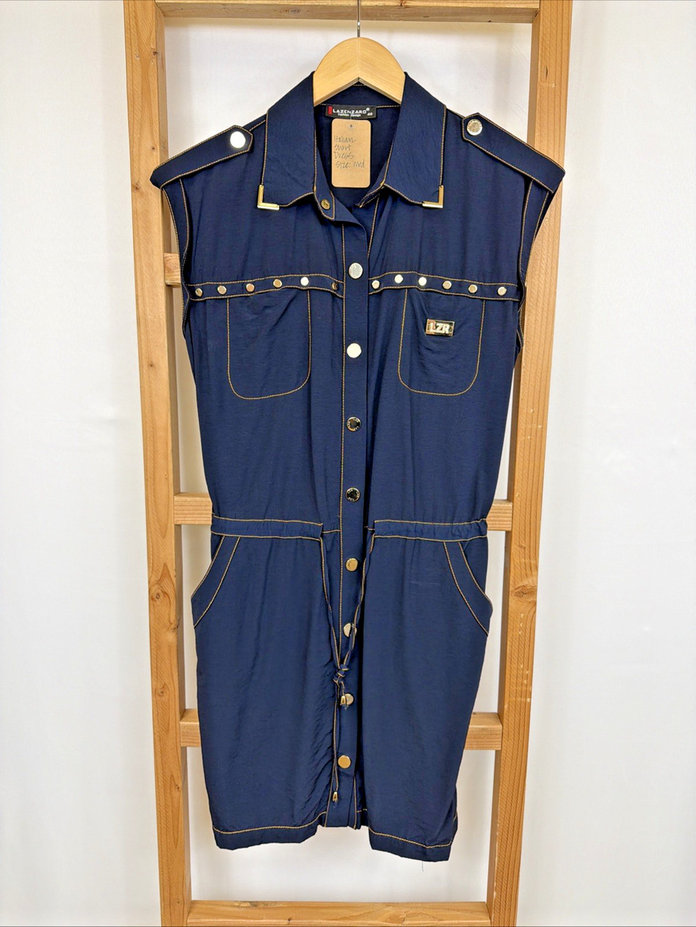 Lazenzaro Blue Pockets Sleeveless Collared Utility Snap Up Dress #1563 Size MED